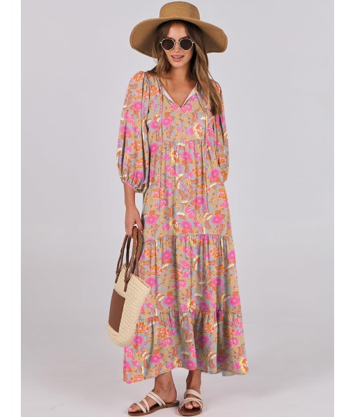 ANRABESS Womens Boho Maxi Dresses 2025 Summer V Neck Puff Sleeve Floral Flowy Swing Fall Casual Long Dress