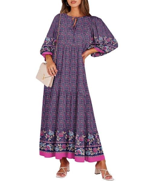 ANRABESS Womens Boho Maxi Dresses 2025 Summer V Neck Puff Sleeve Floral Flowy Swing Fall Casual Long Dress