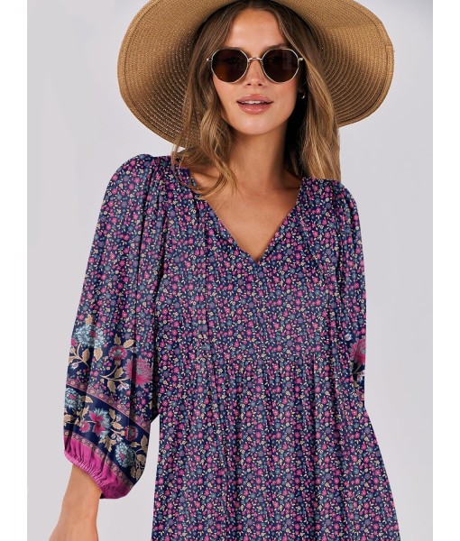 ANRABESS Womens Boho Maxi Dresses 2025 Summer V Neck Puff Sleeve Floral Flowy Swing Fall Casual Long Dress