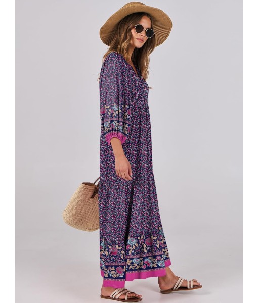 ANRABESS Womens Boho Maxi Dresses 2025 Summer V Neck Puff Sleeve Floral Flowy Swing Fall Casual Long Dress