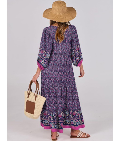 ANRABESS Womens Boho Maxi Dresses 2025 Summer V Neck Puff Sleeve Floral Flowy Swing Fall Casual Long Dress