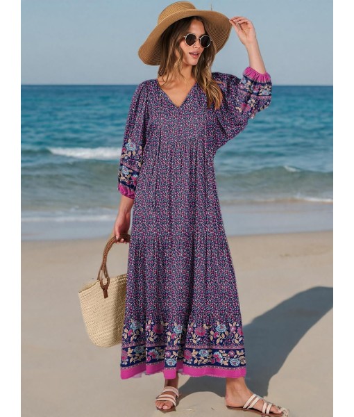 ANRABESS Womens Boho Maxi Dresses 2025 Summer V Neck Puff Sleeve Floral Flowy Swing Fall Casual Long Dress