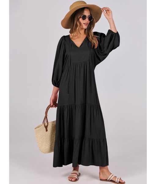 ANRABESS Womens Boho Maxi Dresses 2025 Summer V Neck Puff Sleeve Floral Flowy Swing Fall Casual Long Dress