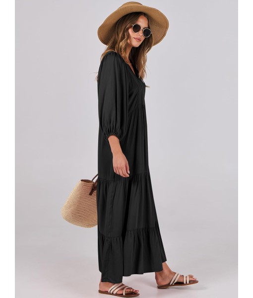 ANRABESS Womens Boho Maxi Dresses 2025 Summer V Neck Puff Sleeve Floral Flowy Swing Fall Casual Long Dress