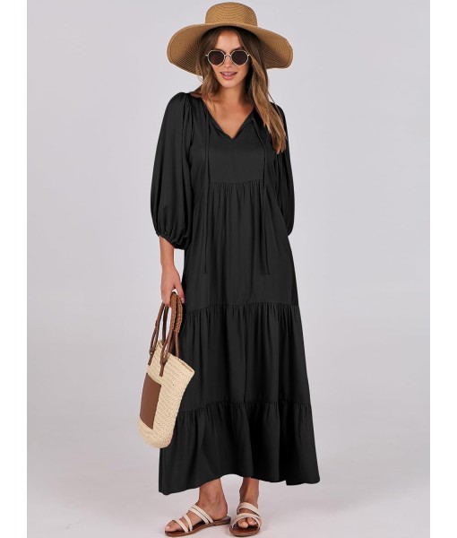 ANRABESS Womens Boho Maxi Dresses 2025 Summer V Neck Puff Sleeve Floral Flowy Swing Fall Casual Long Dress