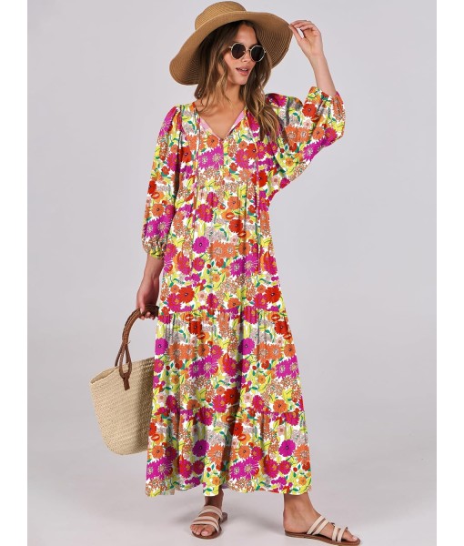 ANRABESS Womens Boho Maxi Dresses 2025 Summer V Neck Puff Sleeve Floral Flowy Swing Fall Casual Long Dress