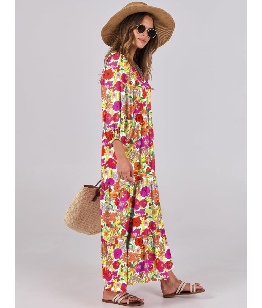 ANRABESS Womens Boho Maxi Dresses 2025 Summer V Neck Puff Sleeve Floral Flowy Swing Fall Casual Long Dress
