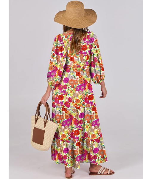ANRABESS Womens Boho Maxi Dresses 2025 Summer V Neck Puff Sleeve Floral Flowy Swing Fall Casual Long Dress