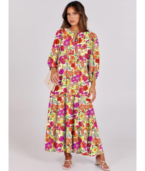 ANRABESS Womens Boho Maxi Dresses 2025 Summer V Neck Puff Sleeve Floral Flowy Swing Fall Casual Long Dress