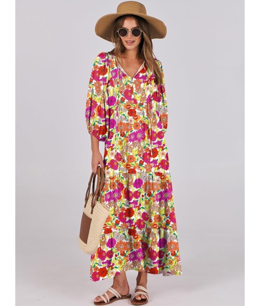 ANRABESS Womens Boho Maxi Dresses 2025 Summer V Neck Puff Sleeve Floral Flowy Swing Fall Casual Long Dress