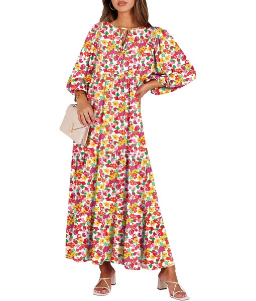 ANRABESS Womens Boho Maxi Dresses 2025 Summer V Neck Puff Sleeve Floral Flowy Swing Fall Casual Long Dress