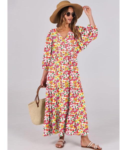 ANRABESS Womens Boho Maxi Dresses 2025 Summer V Neck Puff Sleeve Floral Flowy Swing Fall Casual Long Dress