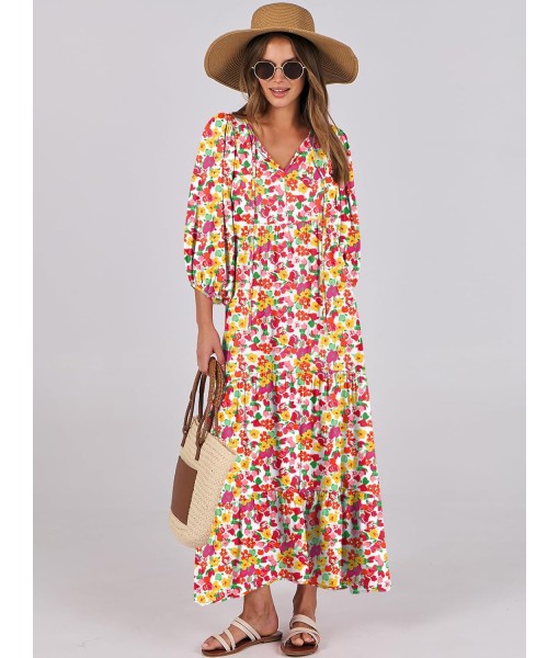 ANRABESS Womens Boho Maxi Dresses 2025 Summer V Neck Puff Sleeve Floral Flowy Swing Fall Casual Long Dress