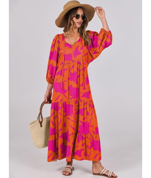 ANRABESS Womens Boho Maxi Dresses 2025 Summer V Neck Puff Sleeve Floral Flowy Swing Fall Casual Long Dress
