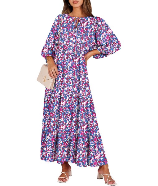ANRABESS Womens Boho Maxi Dresses 2025 Summer V Neck Puff Sleeve Floral Flowy Swing Fall Casual Long Dress