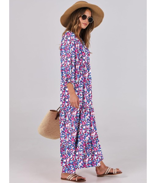 ANRABESS Womens Boho Maxi Dresses 2025 Summer V Neck Puff Sleeve Floral Flowy Swing Fall Casual Long Dress
