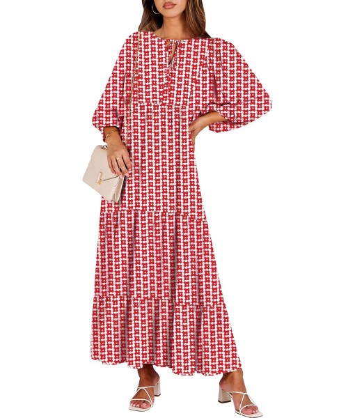 ANRABESS Womens Boho Maxi Dresses 2025 Summer V Neck Puff Sleeve Floral Flowy Swing Fall Casual Long Dress