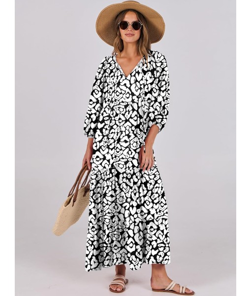 ANRABESS Womens Boho Maxi Dresses 2025 Summer V Neck Puff Sleeve Floral Flowy Swing Fall Casual Long Dress