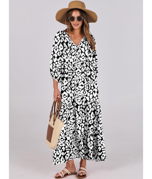 ANRABESS Womens Boho Maxi Dresses 2025 Summer V Neck Puff Sleeve Floral Flowy Swing Fall Casual Long Dress