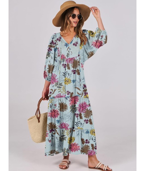 ANRABESS Womens Boho Maxi Dresses 2025 Summer V Neck Puff Sleeve Floral Flowy Swing Fall Casual Long Dress