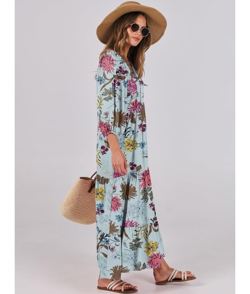 ANRABESS Womens Boho Maxi Dresses 2025 Summer V Neck Puff Sleeve Floral Flowy Swing Fall Casual Long Dress