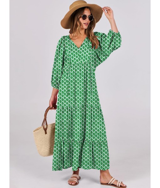 ANRABESS Womens Boho Maxi Dresses 2025 Summer V Neck Puff Sleeve Floral Flowy Swing Fall Casual Long Dress