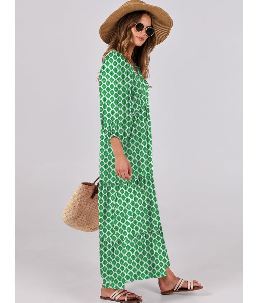 ANRABESS Womens Boho Maxi Dresses 2025 Summer V Neck Puff Sleeve Floral Flowy Swing Fall Casual Long Dress