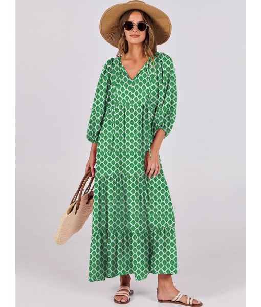 ANRABESS Womens Boho Maxi Dresses 2025 Summer V Neck Puff Sleeve Floral Flowy Swing Fall Casual Long Dress