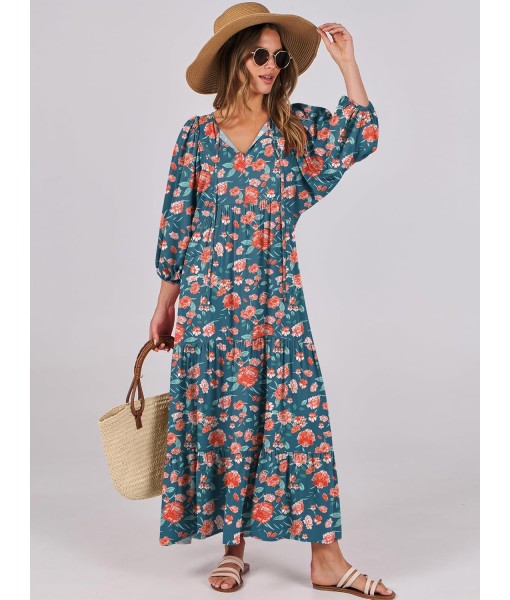 ANRABESS Womens Boho Maxi Dresses 2025 Summer V Neck Puff Sleeve Floral Flowy Swing Fall Casual Long Dress