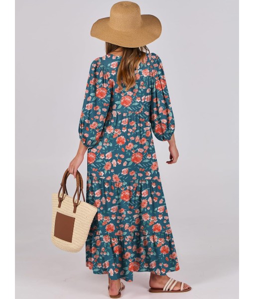 ANRABESS Womens Boho Maxi Dresses 2025 Summer V Neck Puff Sleeve Floral Flowy Swing Fall Casual Long Dress