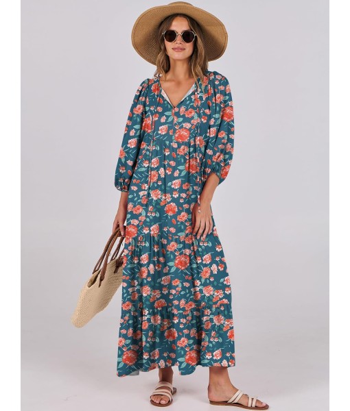 ANRABESS Womens Boho Maxi Dresses 2025 Summer V Neck Puff Sleeve Floral Flowy Swing Fall Casual Long Dress