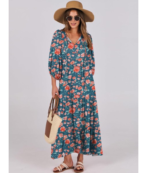 ANRABESS Womens Boho Maxi Dresses 2025 Summer V Neck Puff Sleeve Floral Flowy Swing Fall Casual Long Dress