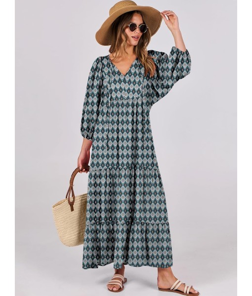 ANRABESS Womens Boho Maxi Dresses 2025 Summer V Neck Puff Sleeve Floral Flowy Swing Fall Casual Long Dress