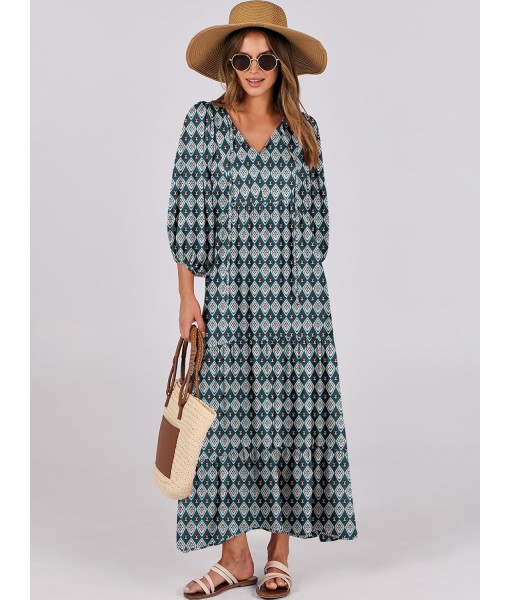 ANRABESS Womens Boho Maxi Dresses 2025 Summer V Neck Puff Sleeve Floral Flowy Swing Fall Casual Long Dress