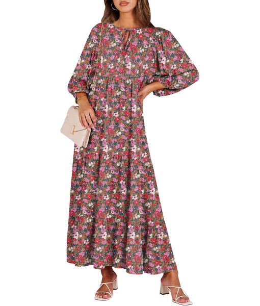 ANRABESS Womens Boho Maxi Dresses 2025 Summer V Neck Puff Sleeve Floral Flowy Swing Fall Casual Long Dress