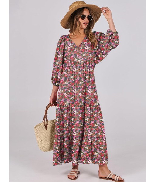 ANRABESS Womens Boho Maxi Dresses 2025 Summer V Neck Puff Sleeve Floral Flowy Swing Fall Casual Long Dress