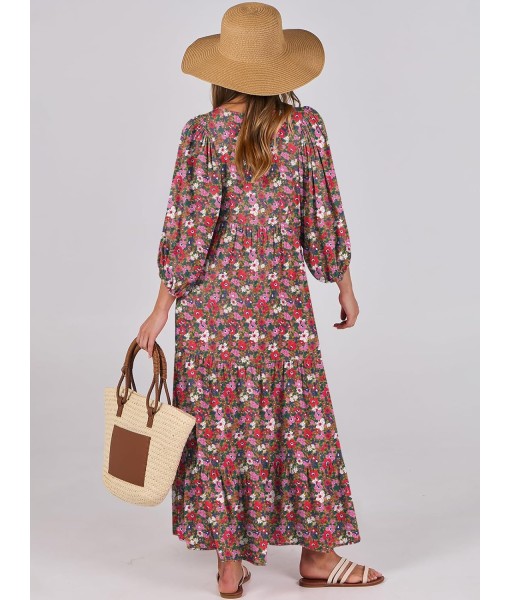 ANRABESS Womens Boho Maxi Dresses 2025 Summer V Neck Puff Sleeve Floral Flowy Swing Fall Casual Long Dress