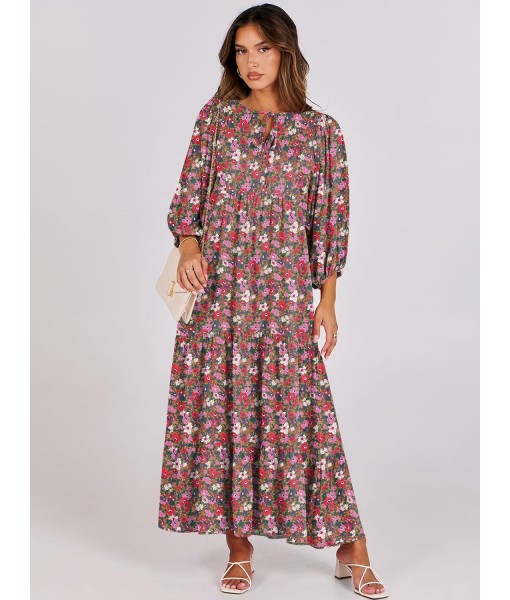 ANRABESS Womens Boho Maxi Dresses 2025 Summer V Neck Puff Sleeve Floral Flowy Swing Fall Casual Long Dress