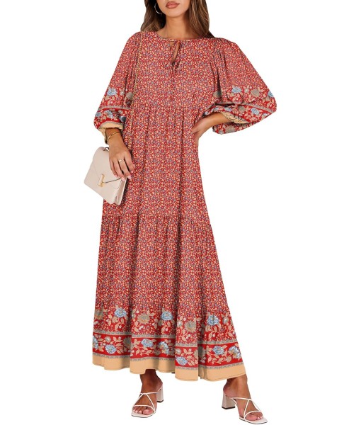 ANRABESS Womens Boho Maxi Dresses 2025 Summer V Neck Puff Sleeve Floral Flowy Swing Fall Casual Long Dress
