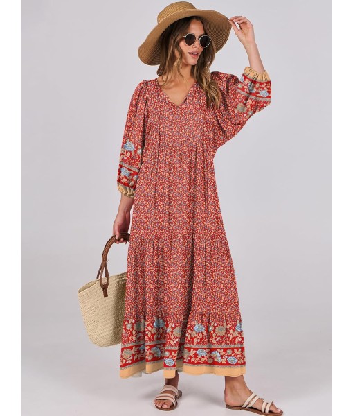 ANRABESS Womens Boho Maxi Dresses 2025 Summer V Neck Puff Sleeve Floral Flowy Swing Fall Casual Long Dress