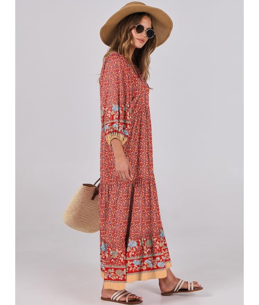 ANRABESS Womens Boho Maxi Dresses 2025 Summer V Neck Puff Sleeve Floral Flowy Swing Fall Casual Long Dress