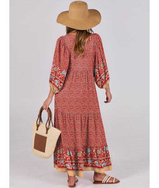 ANRABESS Womens Boho Maxi Dresses 2025 Summer V Neck Puff Sleeve Floral Flowy Swing Fall Casual Long Dress