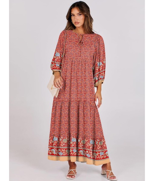 ANRABESS Womens Boho Maxi Dresses 2025 Summer V Neck Puff Sleeve Floral Flowy Swing Fall Casual Long Dress
