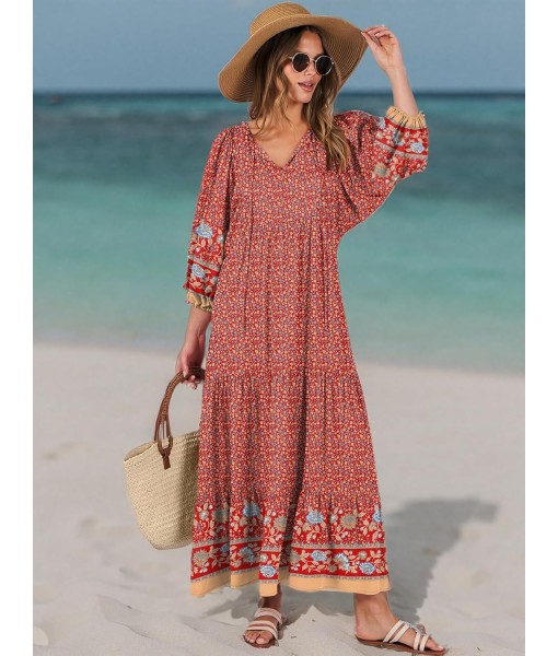ANRABESS Womens Boho Maxi Dresses 2025 Summer V Neck Puff Sleeve Floral Flowy Swing Fall Casual Long Dress