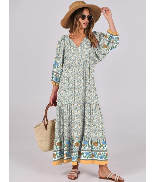 ANRABESS Womens Boho Maxi Dresses 2025 Summer V Neck Puff Sleeve Floral Flowy Swing Fall Casual Long Dress