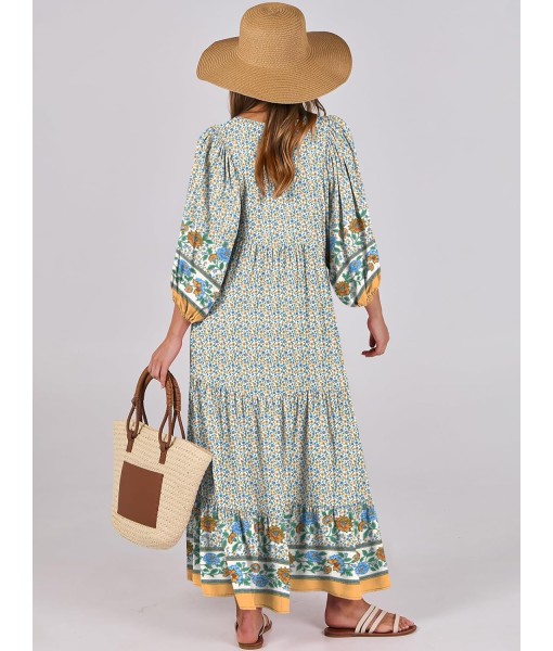ANRABESS Womens Boho Maxi Dresses 2025 Summer V Neck Puff Sleeve Floral Flowy Swing Fall Casual Long Dress