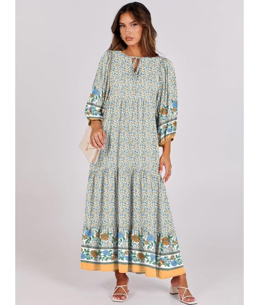 ANRABESS Womens Boho Maxi Dresses 2025 Summer V Neck Puff Sleeve Floral Flowy Swing Fall Casual Long Dress