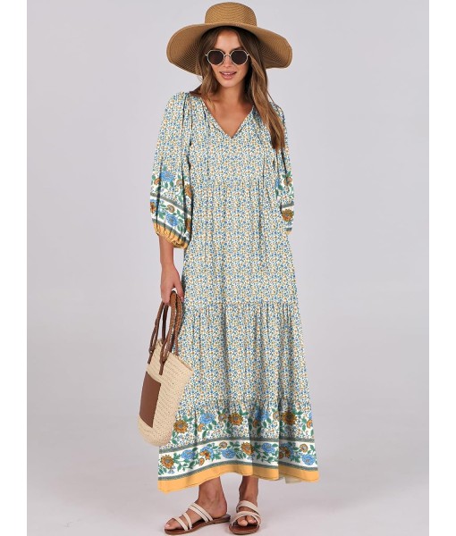 ANRABESS Womens Boho Maxi Dresses 2025 Summer V Neck Puff Sleeve Floral Flowy Swing Fall Casual Long Dress