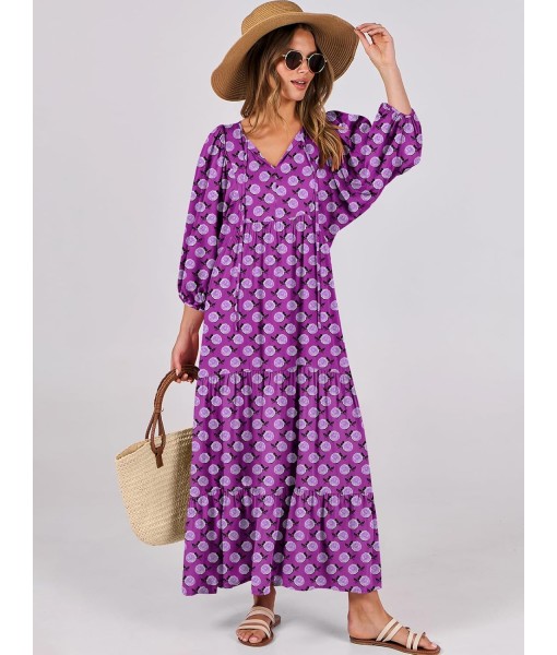 ANRABESS Womens Boho Maxi Dresses 2025 Summer V Neck Puff Sleeve Floral Flowy Swing Fall Casual Long Dress