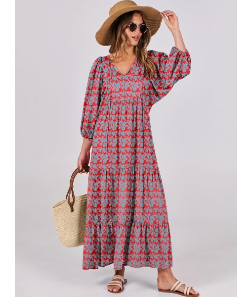 ANRABESS Womens Boho Maxi Dresses 2025 Summer V Neck Puff Sleeve Floral Flowy Swing Fall Casual Long Dress